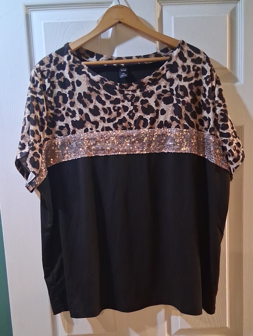 Leopard Print Sequin Trim Black Top